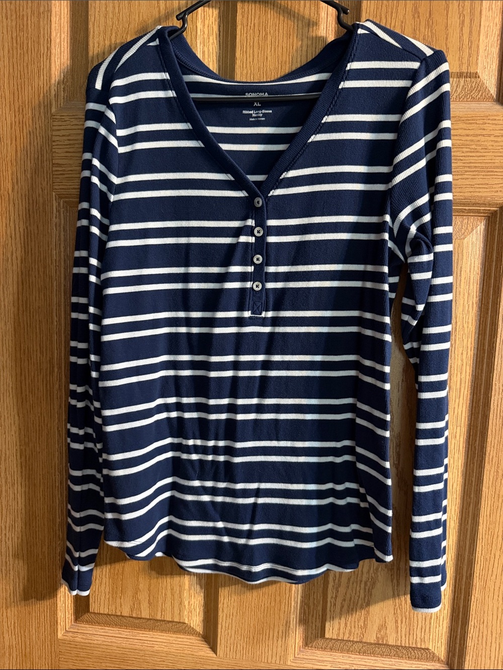 Sonoma Navy and White Striped Henley Long Sleeve Tee